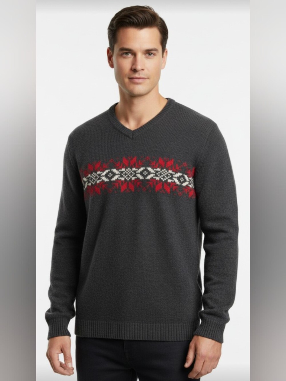 OLD NAVY! SOFT 100% LAMBSWOOL GRAY, RED & WHITE SWISS SKI STYLE SWEATER! SZ XL